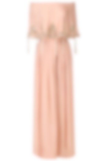 Salmon Pink Off-Shoulder Embroidered Cape with Pants Set by Monika Nidhii