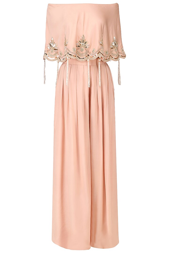 Salmon pink off-shoulder embroidered cape with pants set available only at Pernia's Pop Up Shop.