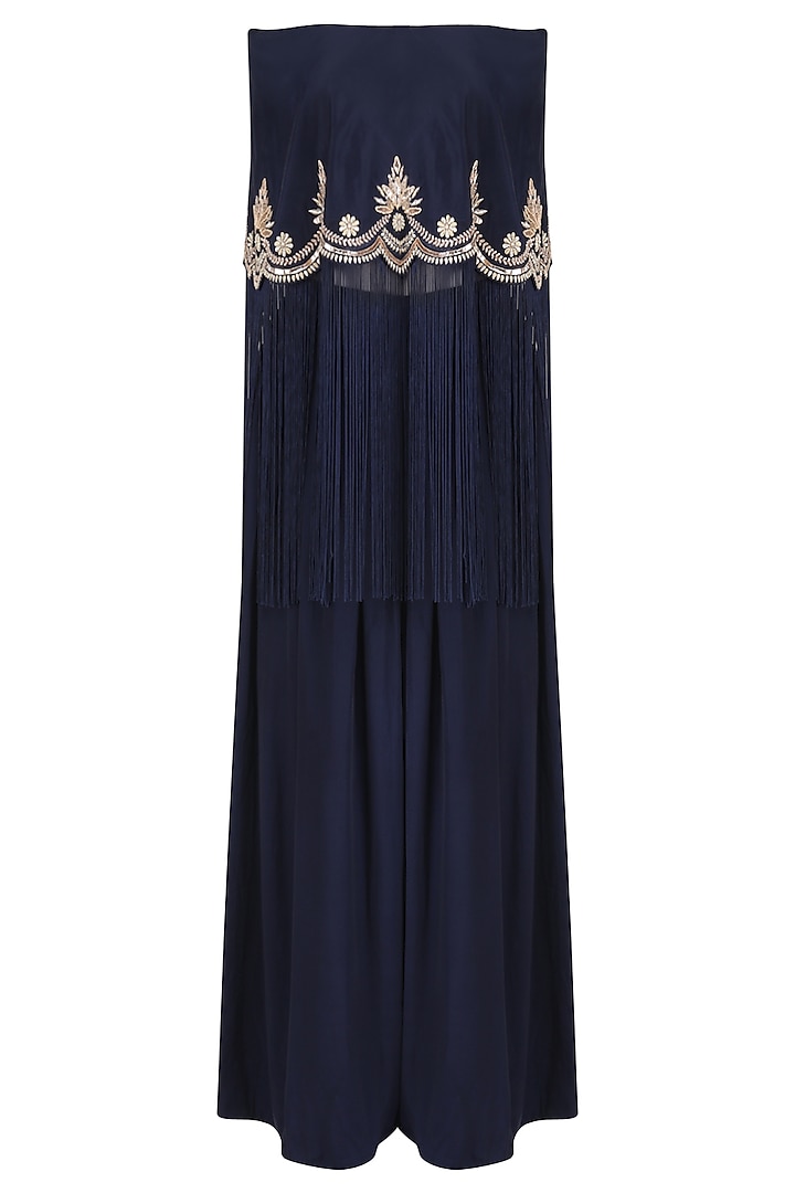 Midnight Blue Off-Shoulder Embroidered Cape with Pants Set by Monika Nidhii