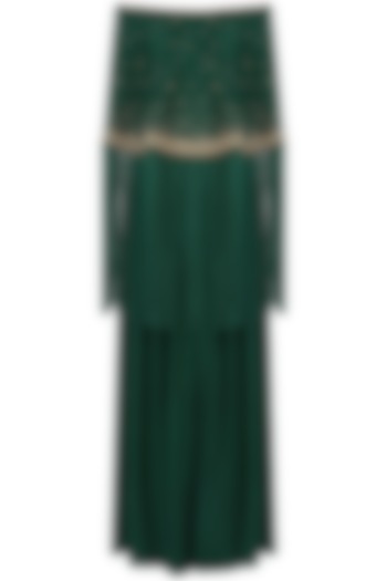 Bottle Green Off-Shoulder Cape and Pants Set by Monika Nidhii