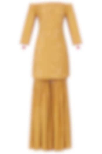 Mustard off-shoulder embroidered kurta and sharara set available only at Pernia's Pop Up Shop.