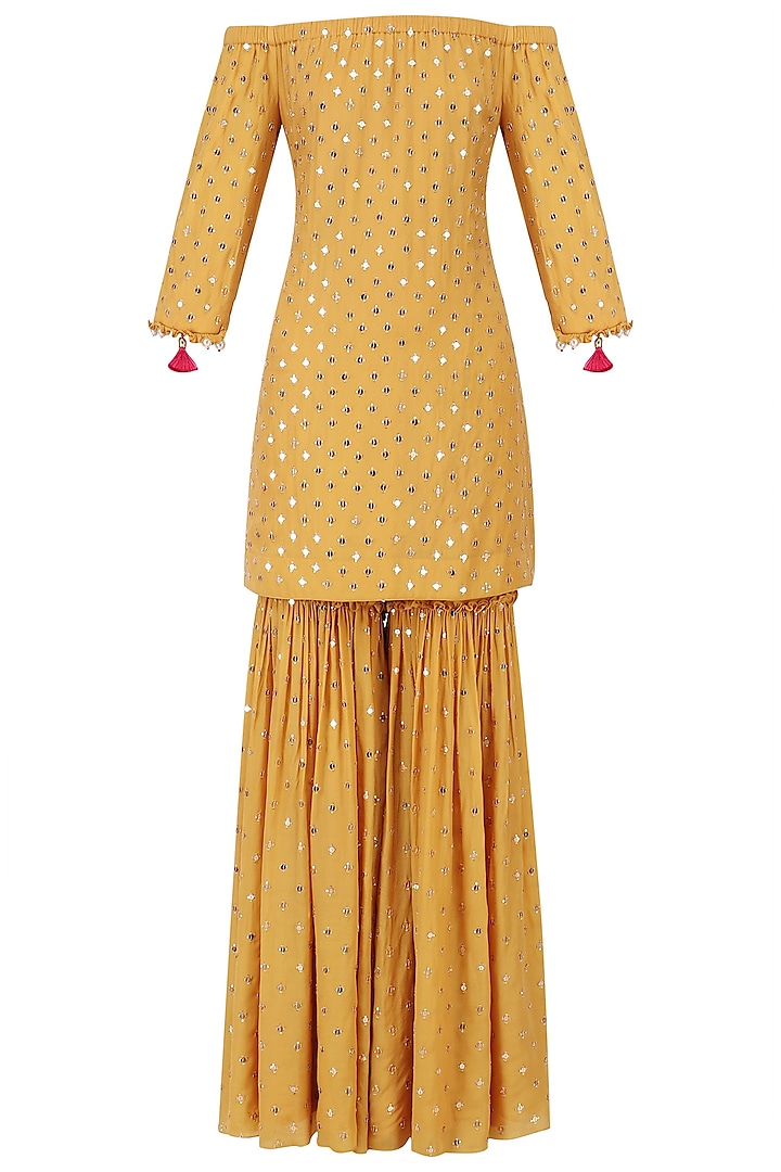 Mustard Off-Shoulder Embroidered Kurta and Sharara Set by Monika Nidhii