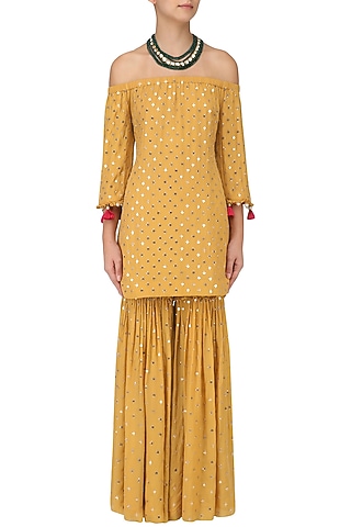 Mustard Off-Shoulder Embroidered Kurta and Sharara Set by Monika Nidhee