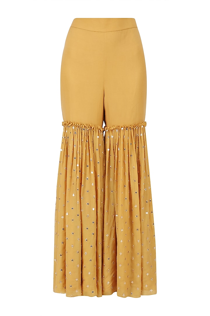 Mustard off-shoulder embroidered kurta and sharara set available only at Pernia's Pop Up Shop.