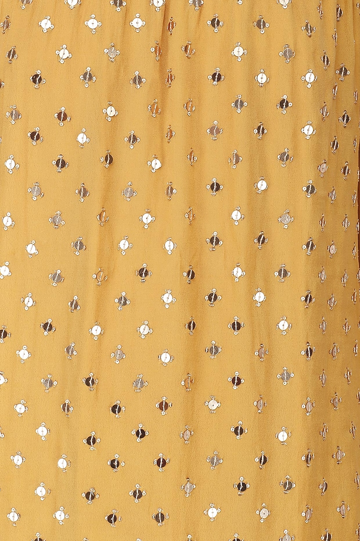 Mustard off-shoulder embroidered kurta and sharara set available only at Pernia's Pop Up Shop.