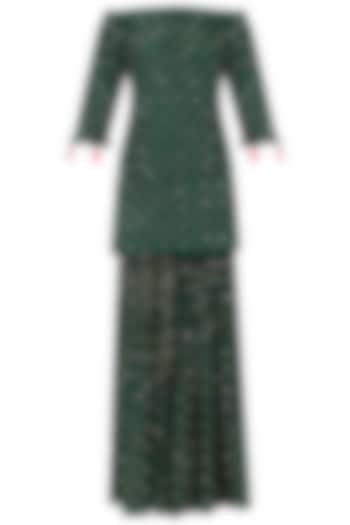 Bottle Green Off-Shoulder Embroidered Kurta and Sharara Set by Monika Nidhii