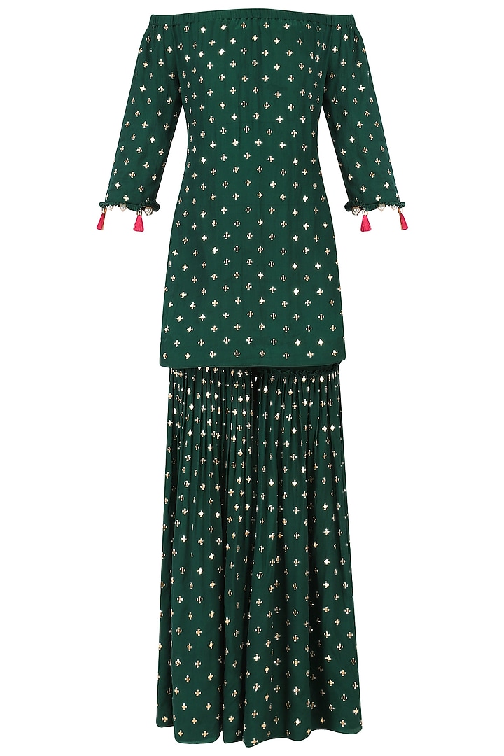 Bottle green off-shoulder embroidered kurta and sharara set available only at Pernia's Pop Up Shop.