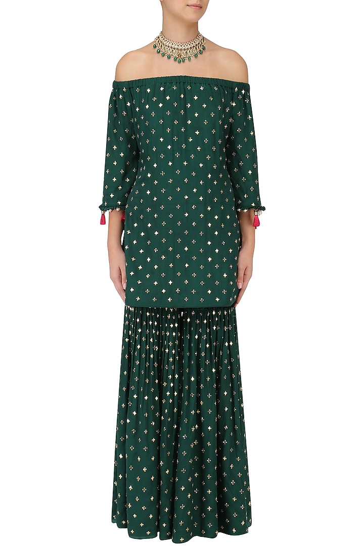 Bottle green off-shoulder embroidered kurta and sharara set available only at Pernia's Pop Up Shop.