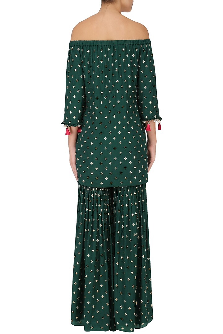 Bottle green off-shoulder embroidered kurta and sharara set available only at Pernia's Pop Up Shop.