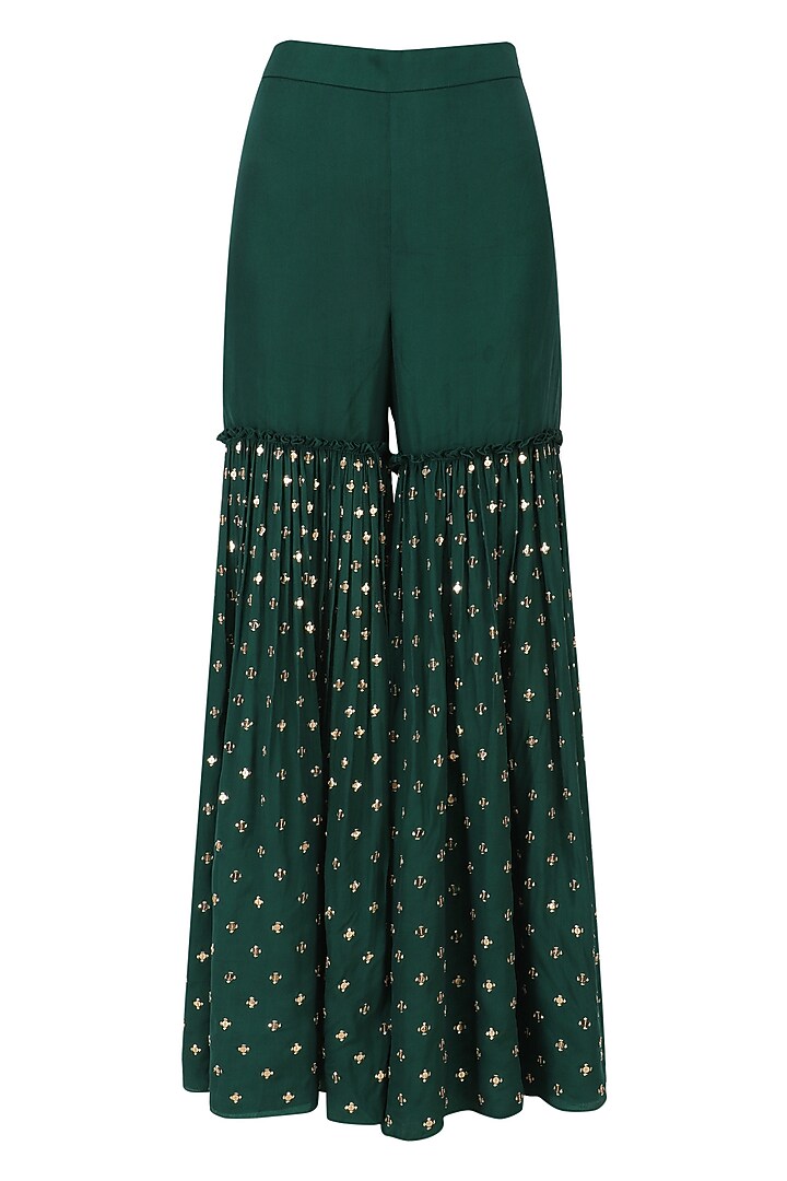 Bottle green off-shoulder embroidered kurta and sharara set available only at Pernia's Pop Up Shop.