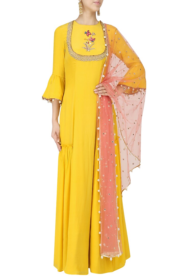 Yellow embroidered anarkali set available only at Pernia's Pop Up Shop.