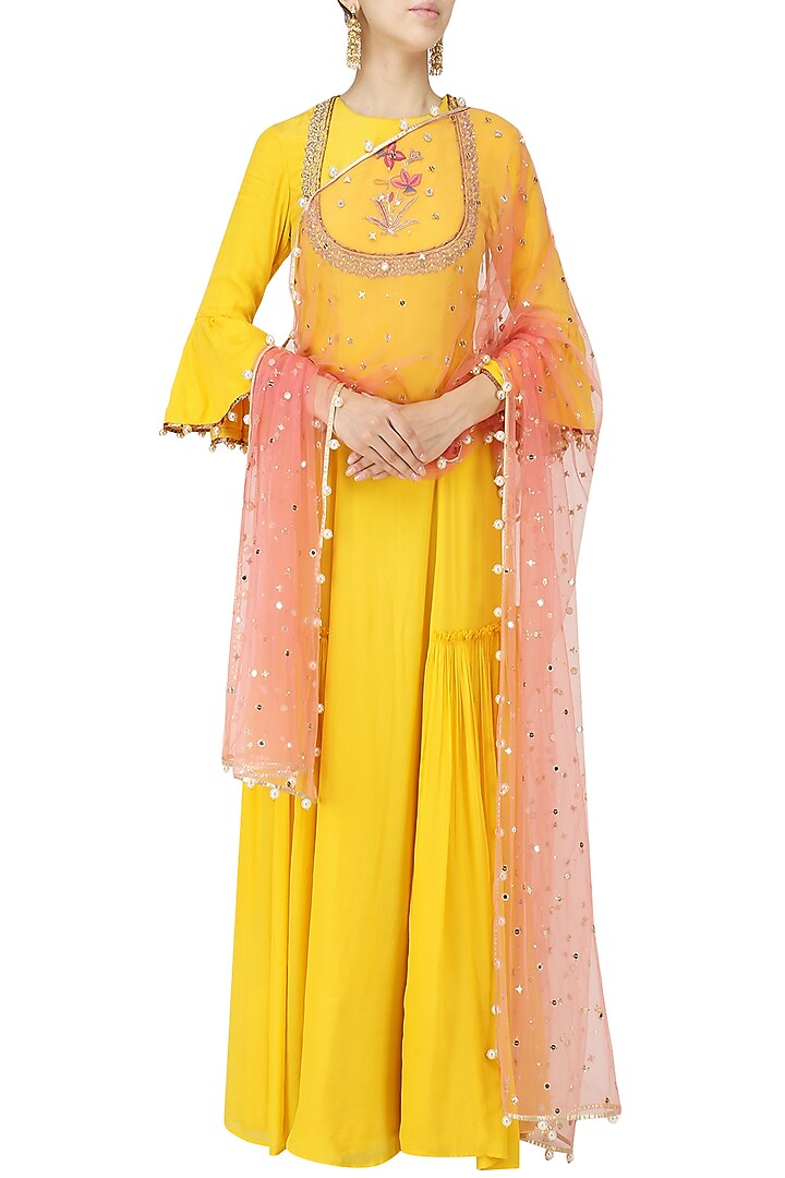 Yellow embroidered anarkali set available only at Pernia's Pop Up Shop.