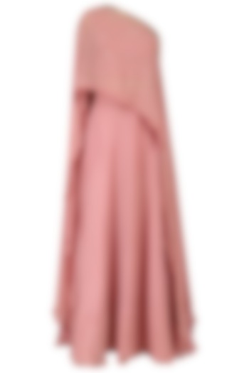 Pink One Shoulder Embroidered Cape with Lehenga Set by Monika Nidhii