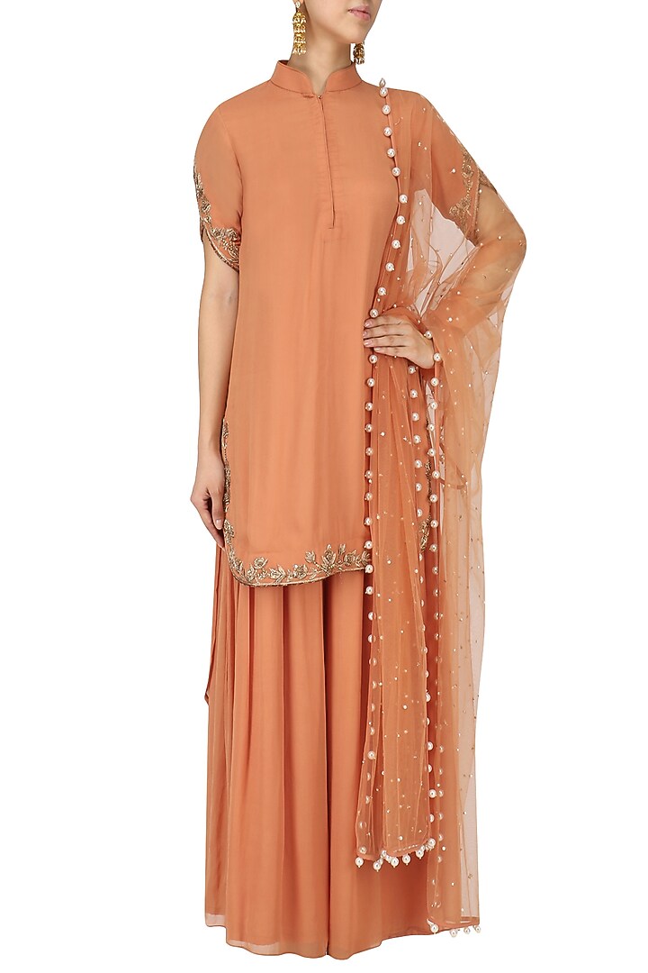 Caramel embroidered kurta with palazzo pants set available only at Pernia's Pop Up Shop.