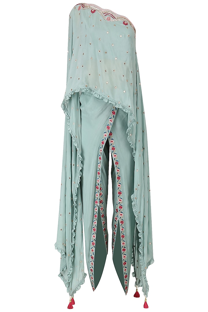 Frost Blue One Shoulder Embroidered Cape with Dhoti Pants Set by Monika Nidhii