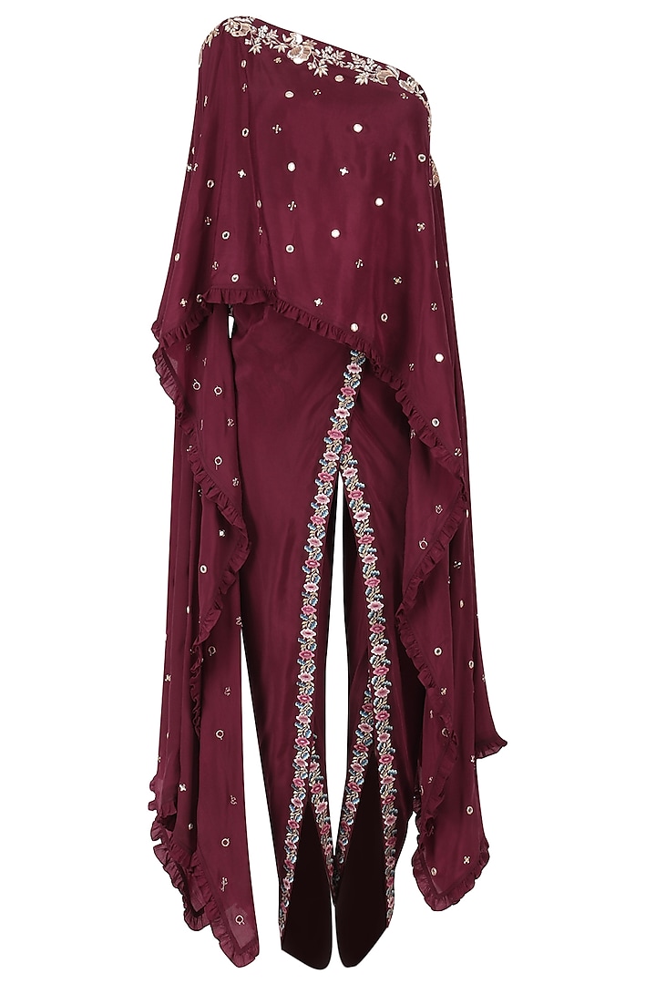 Wine One Shoulder Embroidered Cape with Dhoti Pants Set by Monika Nidhii