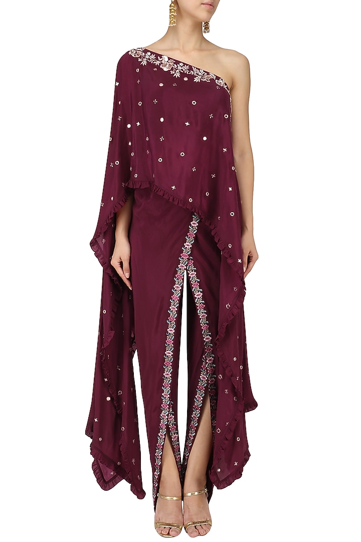 Wine one shoulder embroidered cape with dhoti pants set available only at Pernia's Pop Up Shop.