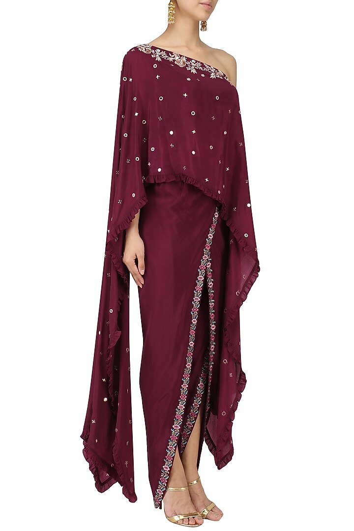 Wine one shoulder embroidered cape with dhoti pants set available only at Pernia's Pop Up Shop.