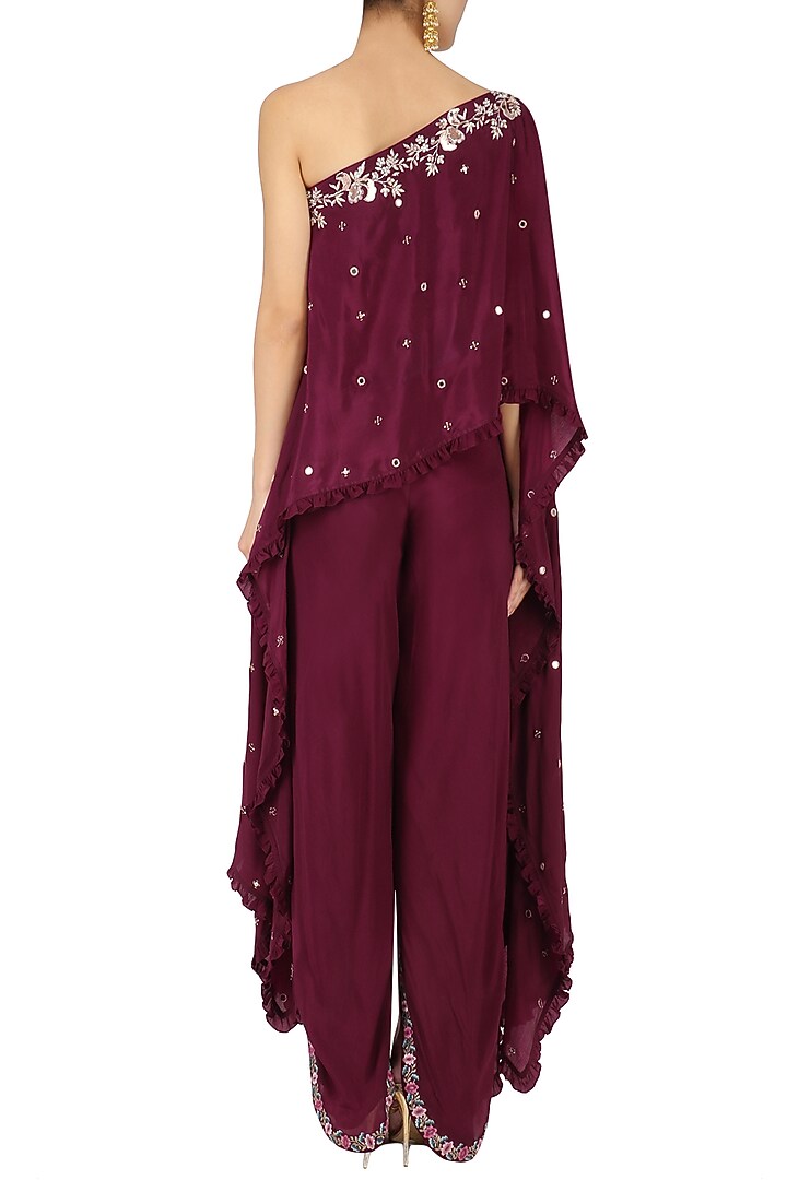 Wine one shoulder embroidered cape with dhoti pants set available only at Pernia's Pop Up Shop.