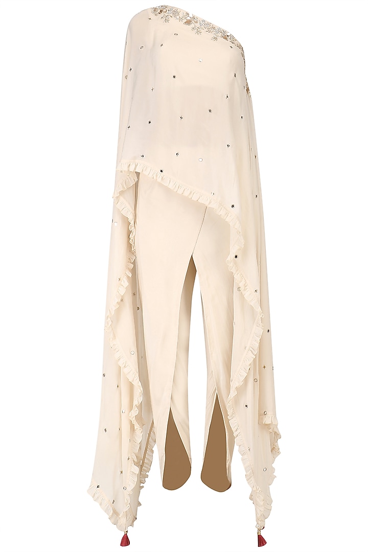 Ivory One Shoulder Embroidered Cape with Dhoti Pants Set by Monika Nidhii