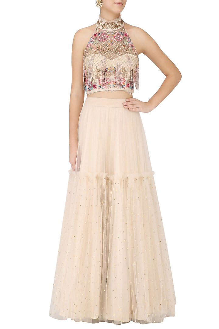 Ivory embroidered crop top with lehenga set available only at Pernia's Pop Up Shop.