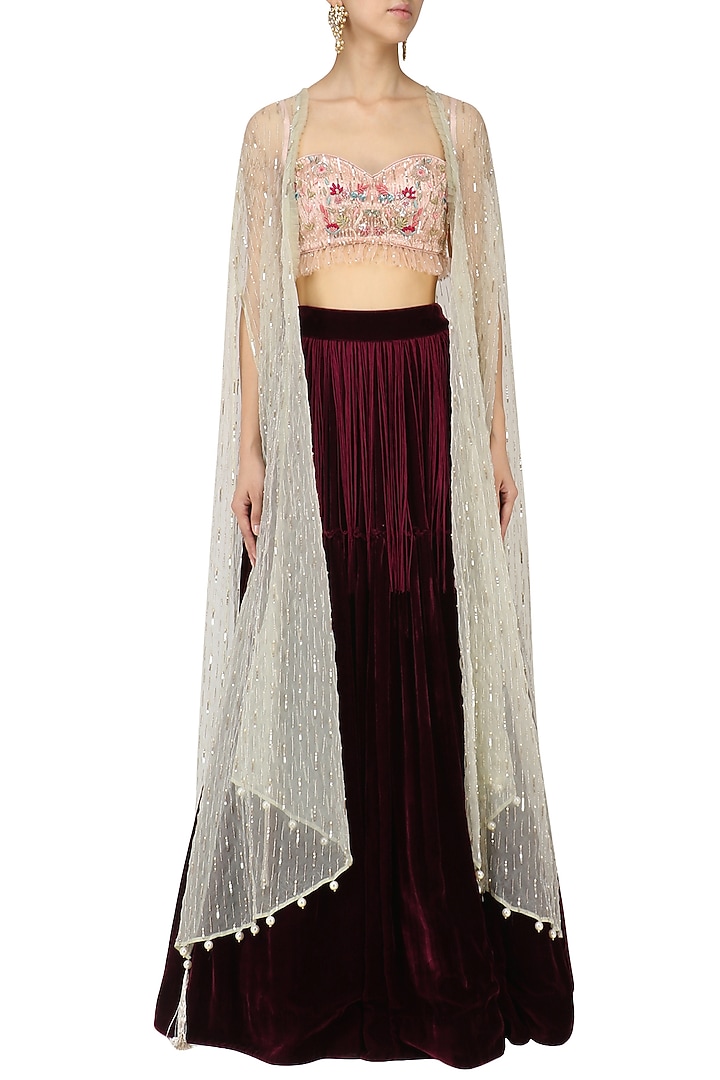 Pink floral embroidered blouse with wine lehenga set with cape available only at Pernia's Pop Up Shop.