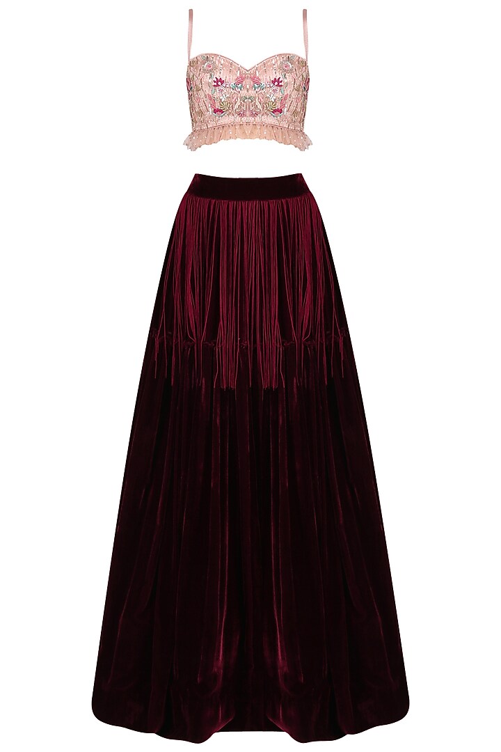 Pink floral embroidered blouse with wine lehenga set with cape available only at Pernia's Pop Up Shop.