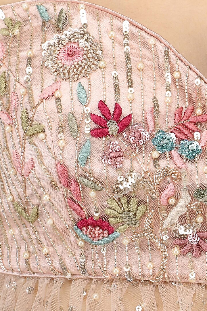 Pink floral embroidered blouse with wine lehenga set with cape available only at Pernia's Pop Up Shop.