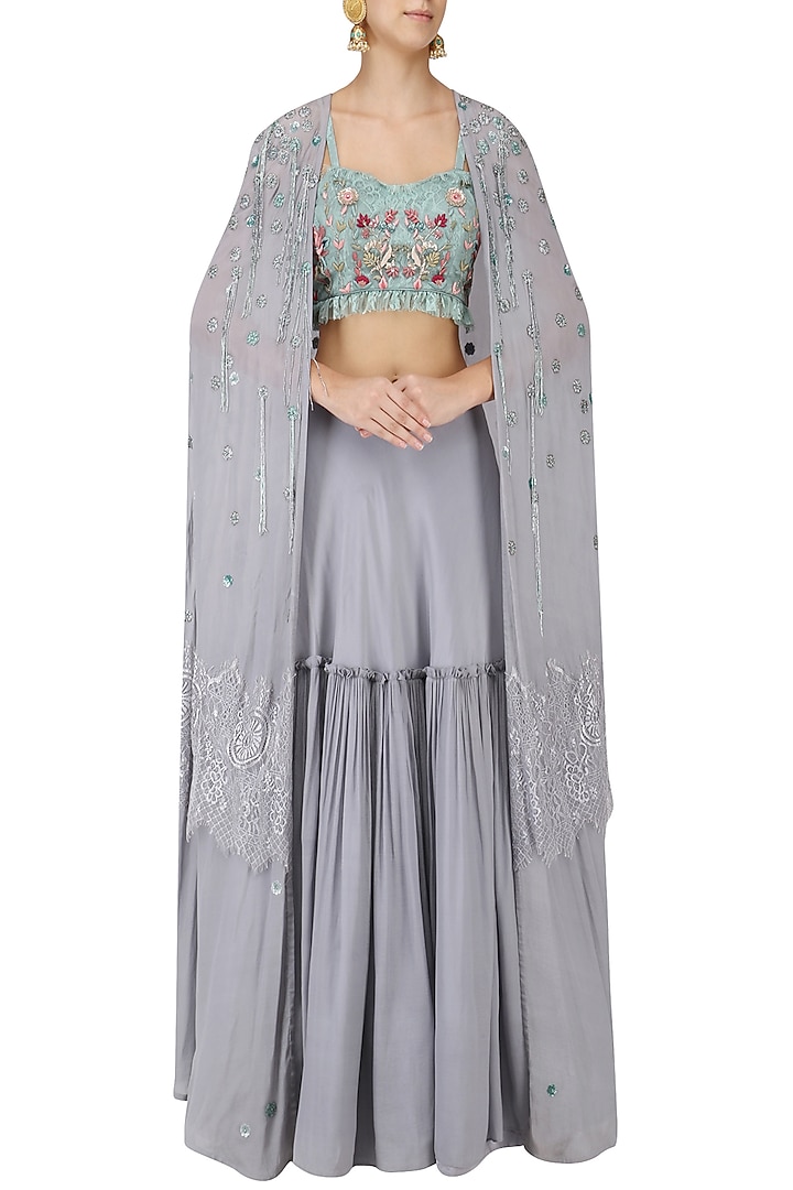 Cloud blue floral embroidered lehenga set with cape available only at Pernia's Pop Up Shop.