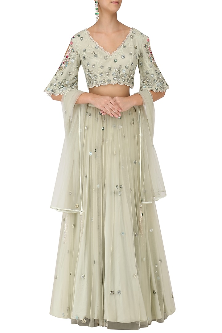 Sage green floral embroidered lehenga set available only at Pernia's Pop Up Shop.