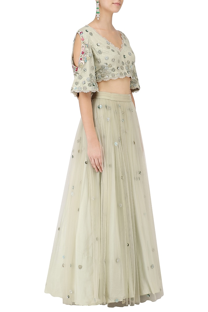 Sage green floral embroidered lehenga set available only at Pernia's Pop Up Shop.
