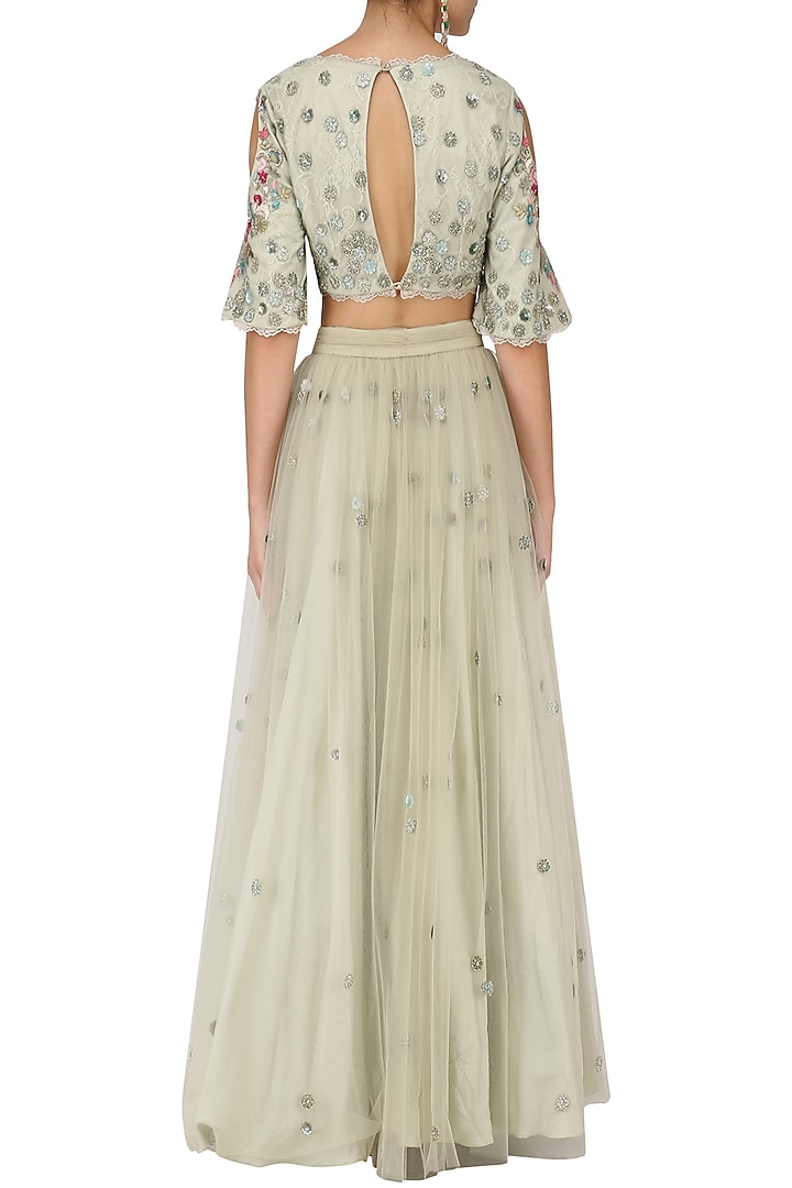 Sage green floral embroidered lehenga set available only at Pernia's Pop Up Shop.