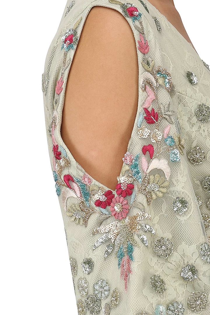 Sage green floral embroidered lehenga set available only at Pernia's Pop Up Shop.