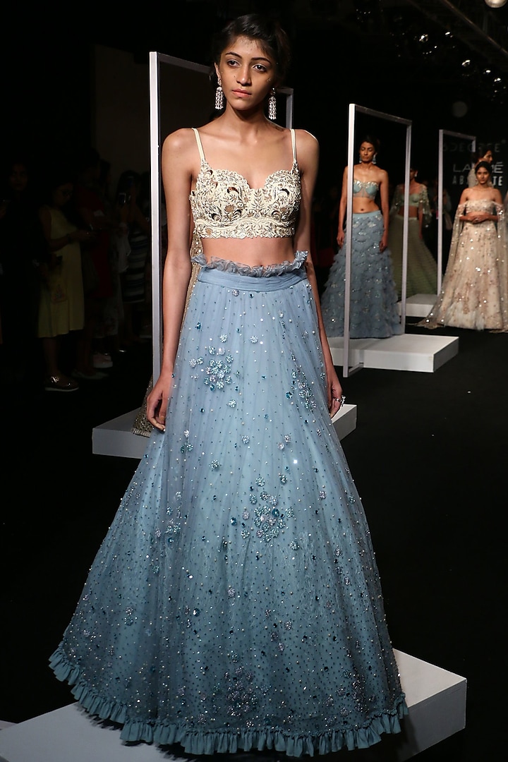 Frost Blue Sequins Embroidered Frill Lehenga Set by Monika Nidhii