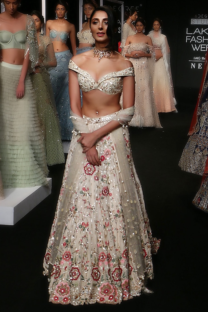 Ivory To Beige Ombre Floral Embroidered Lehenga Set by Monika Nidhii