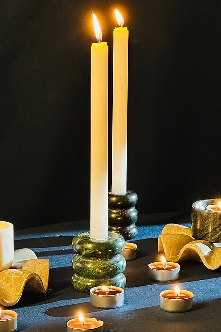 Green & Black Indian Marble Candle Stand (Set Of 2) by MelBau Designs