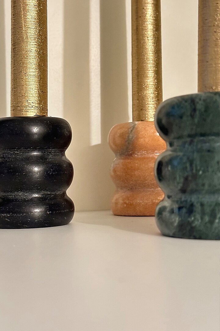 Green & Black Indian Marble Candle Stand (Set Of 2) by MelBau Designs at Pernia's Pop Up Shop