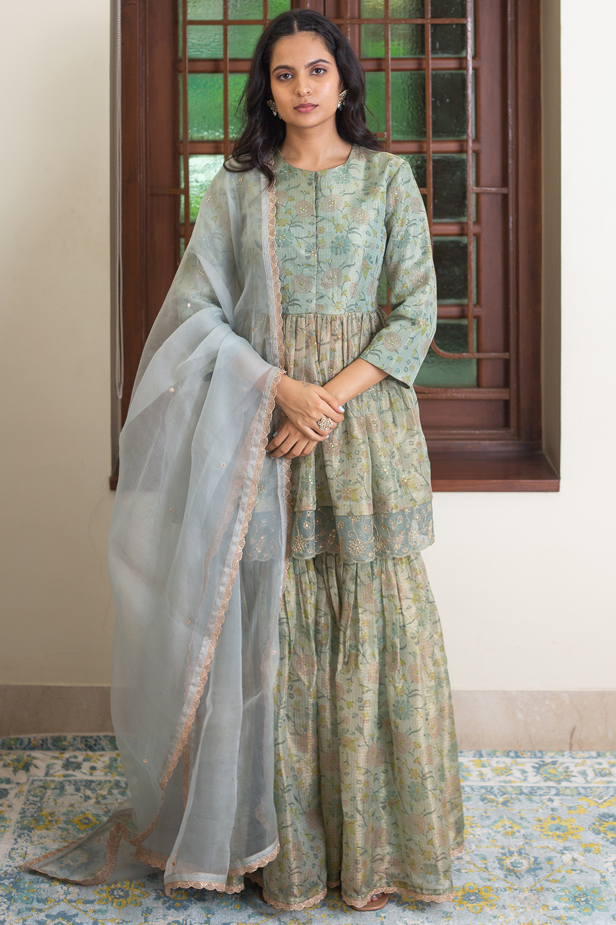 Greyish Blue Zari Kota Doriya Hand Block Printed Wedding Sharara Set by Maliha by Anar and Anoli at Pernia's Pop Up Shop
