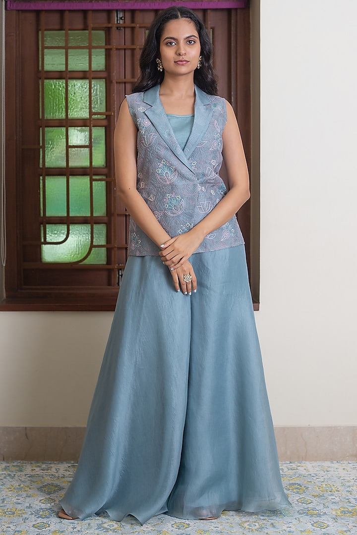 Aqua Blue Organza & Cotton Satin Embroidered Jacket Set by Maliha by Anar and Anoli