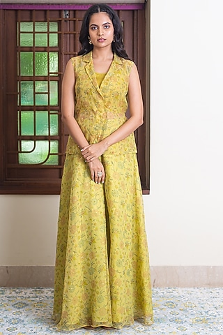 Mustard Kota Doria & Cotton Satin Hand Block Printed Jacket Set by Maliha by Anar and Anoli