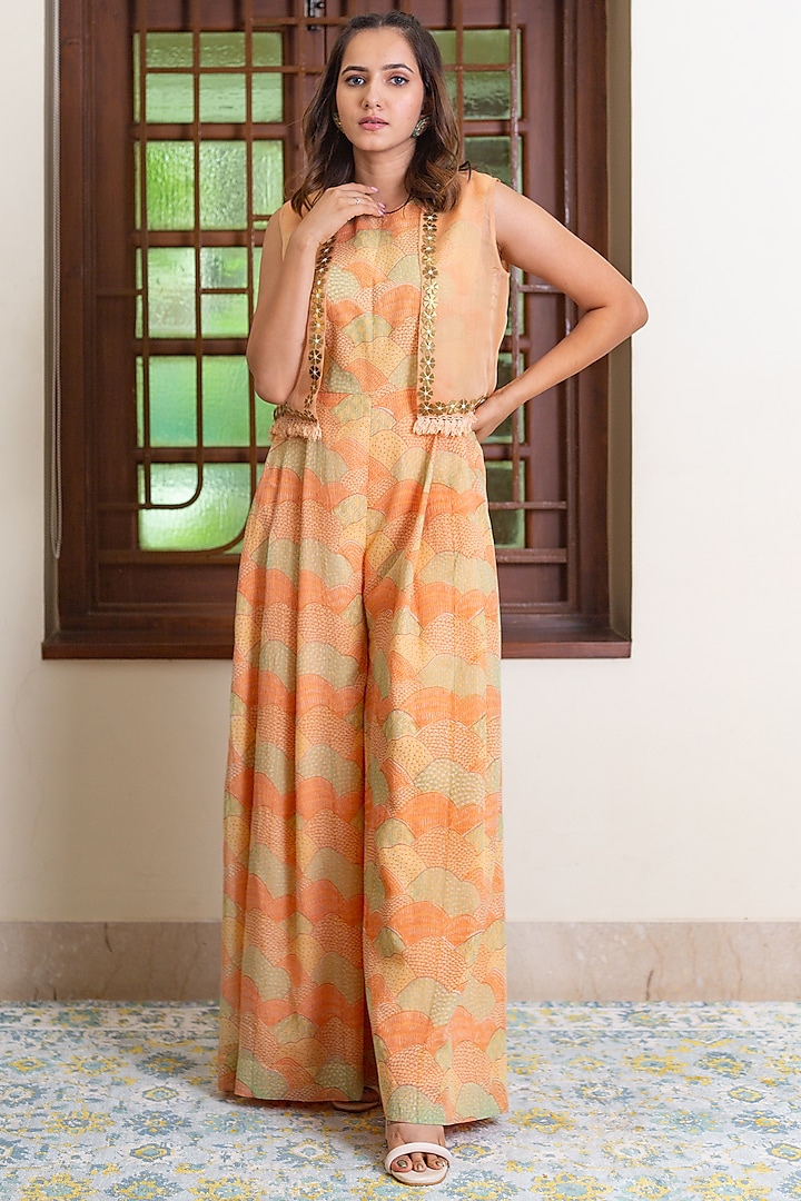 Peach Kota Doria Hand Block Printed Jumpsuit With Jacket by Maliha by Anar and Anoli
