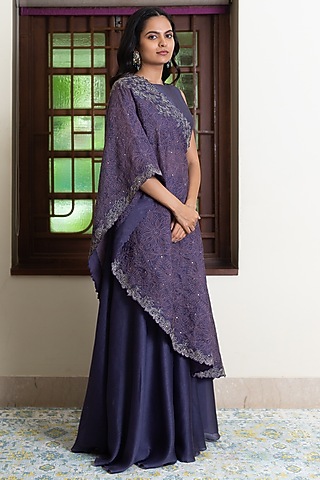 Dark Lilac Organza Hand Embroidered Draped Pant Saree Set by Maliha by Anar and Anoli