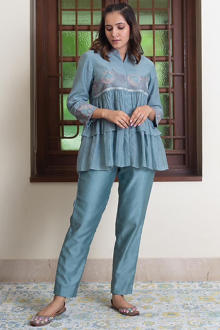 Greyish Blue Chanderi Embroidered Co-Ord Set by Maliha by Anar and Anoli at Pernia's Pop Up Shop