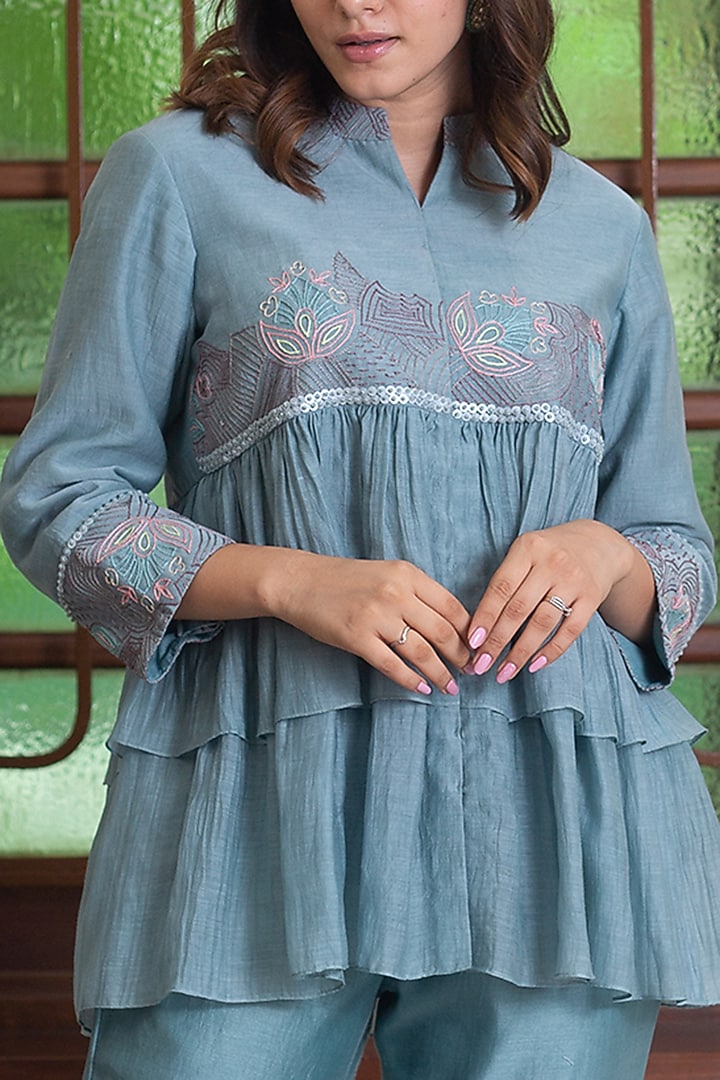 Greyish Blue Chanderi Embroidered Co-Ord Set by Maliha by Anar and Anoli at Pernia's Pop Up Shop