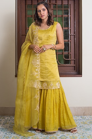 Mustard Chanderi Sharara Set by Maliha by Anar and Anoli