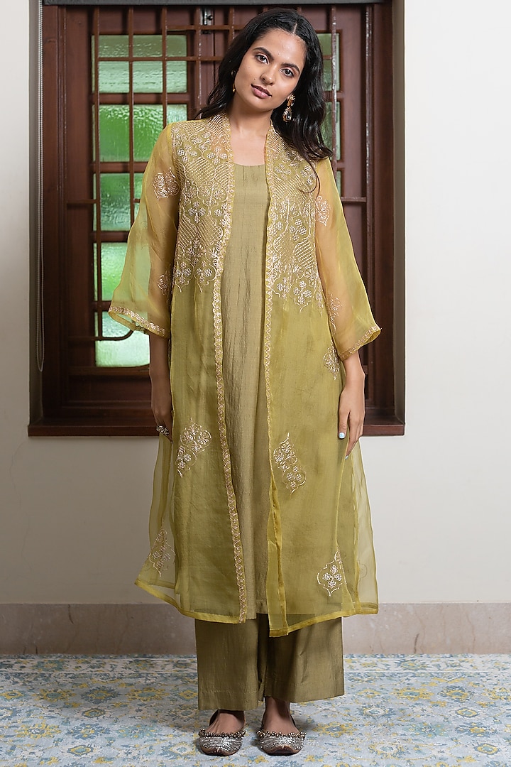 Mustard and Olive Organza Embroidered Jacket Set by Maliha by Anar and Anoli