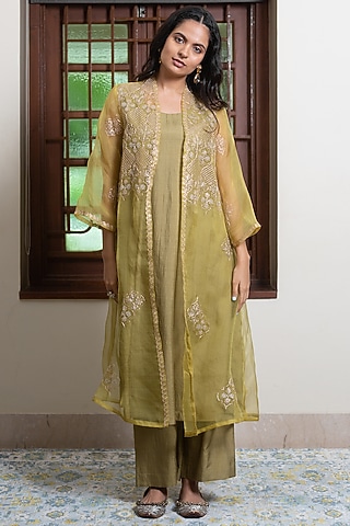 Mustard and Olive Organza Embroidered Jacket Set by Maliha by Anar and Anoli