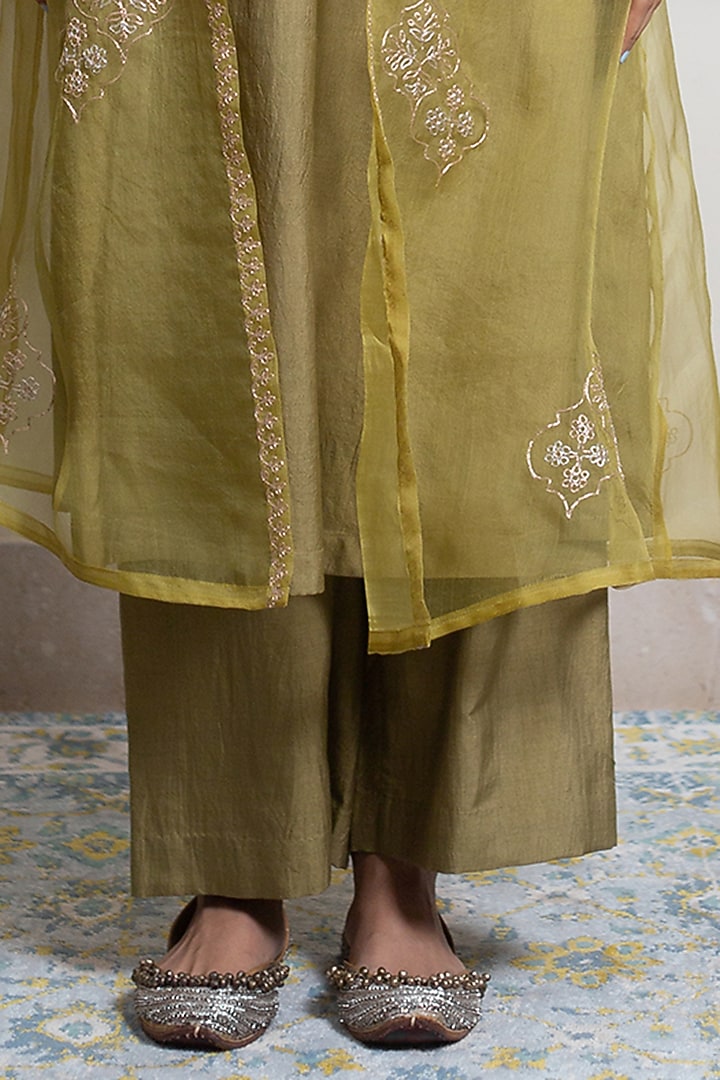 Mustard and Olive Organza Embroidered Jacket Set by Maliha by Anar and Anoli at Pernia's Pop Up Shop