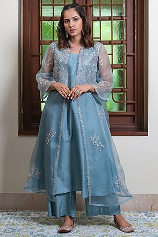 Aqua Blue Organza Embroidered Jacket Set by Maliha by Anar and Anoli