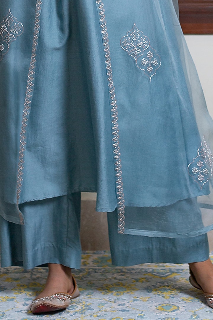 Aqua Blue Organza Embroidered Jacket Set by Maliha by Anar and Anoli at Pernia's Pop Up Shop